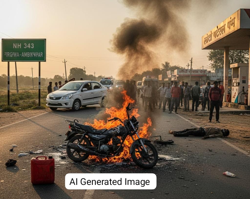 गढ़वा एनएच 343 सड़क दुर्घटना, लोटो गांव में जलती हुई मोपेड और पेट्रोल से झुलसा युवक।